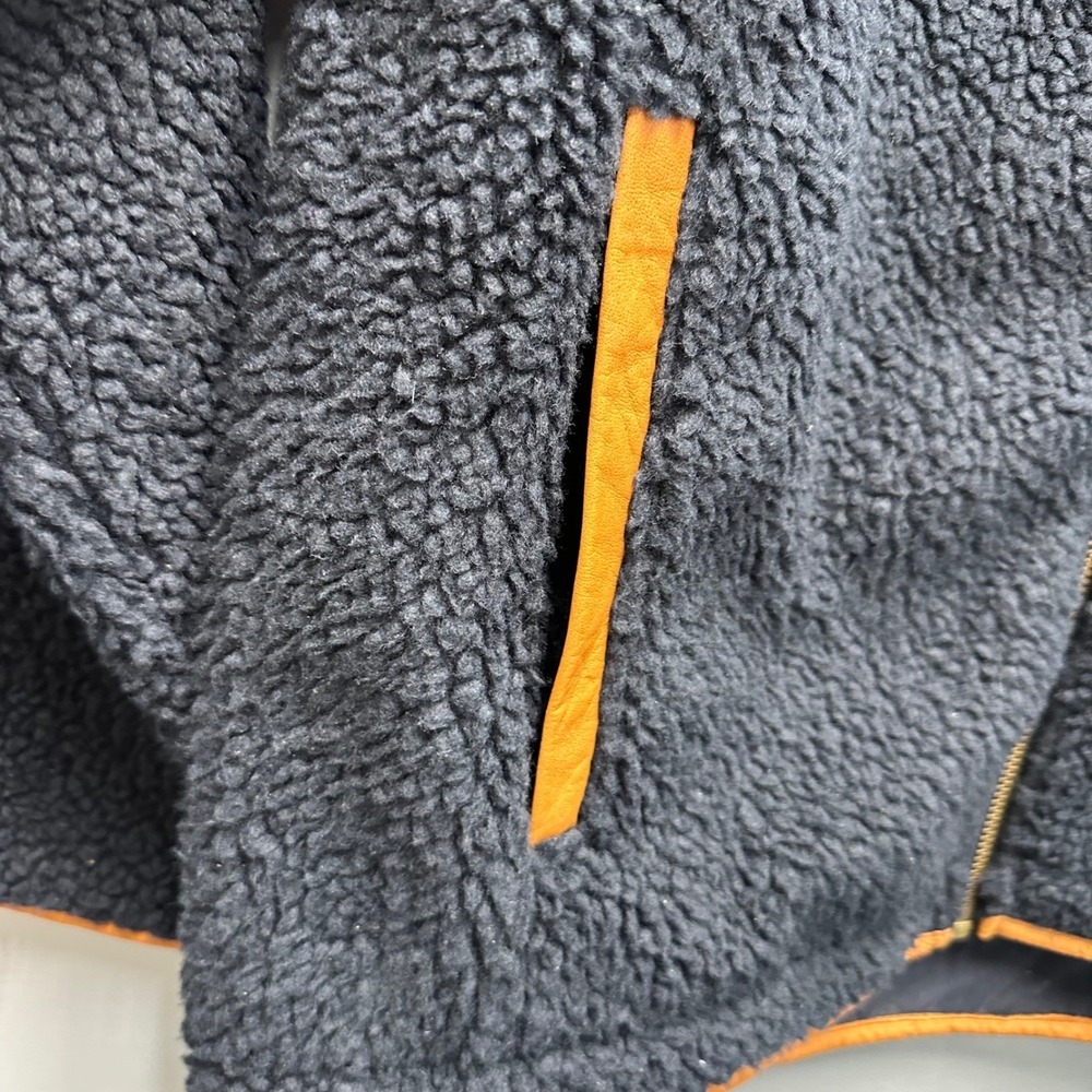 Orvis Men's Fleece Jacket Navy Blue Zip Up Leather Trim Outdoor Hiking Coat - Picture 5 of 10